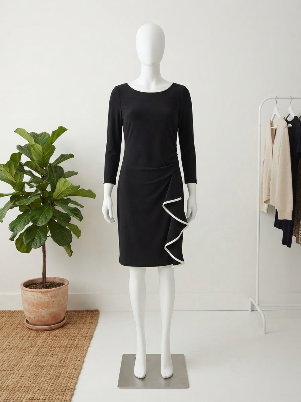 Ralph Lauren Black Long-Sleeve Sheath Dress with White Ruffle Accent